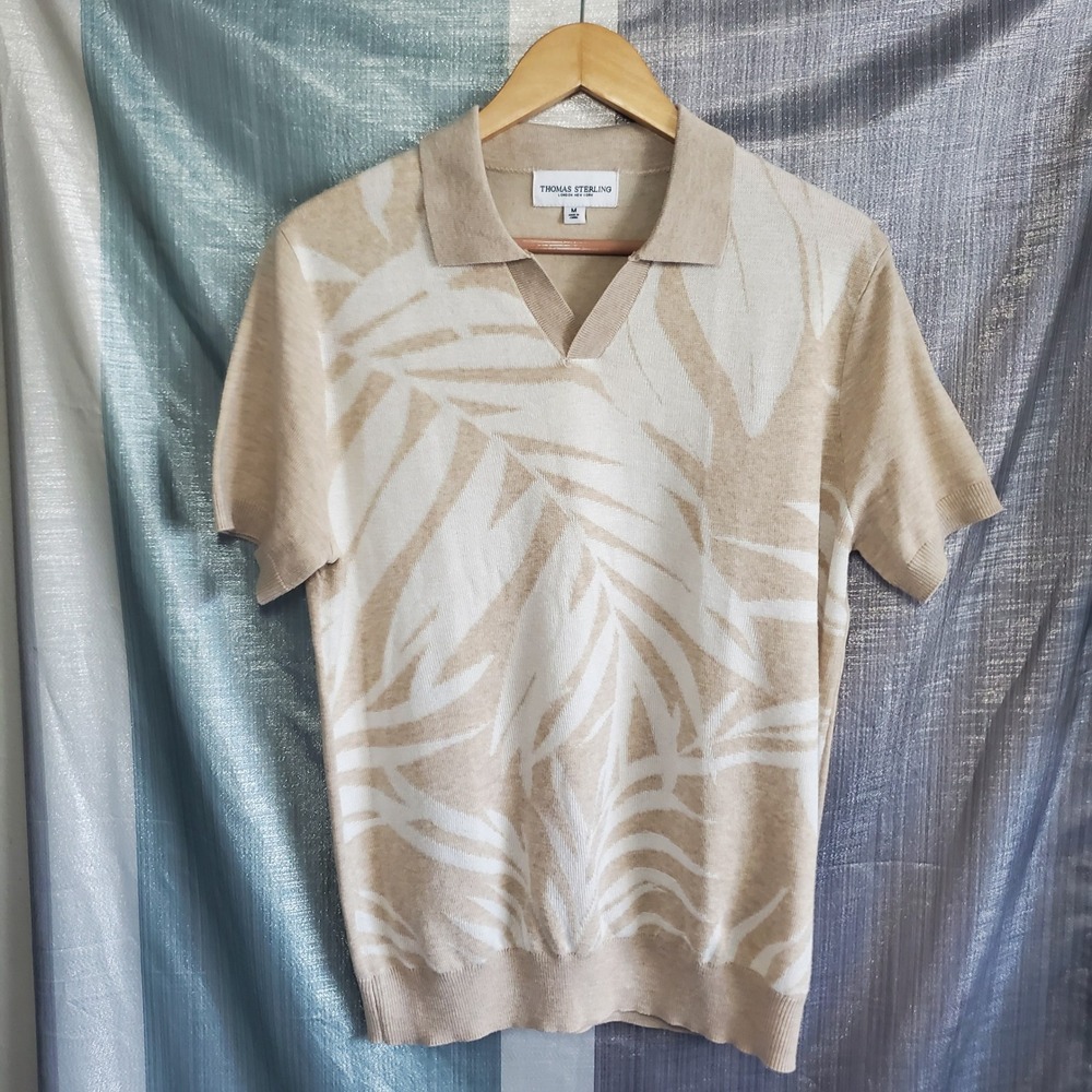 Thomas Sterling Mens Palm Leaf Knit Polo Shirt Tan Cream V-Neck Sweater Size M